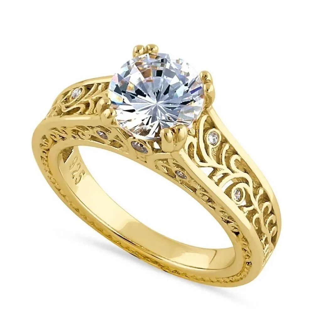 Gold Vermeil Vine Filigree Round Cut Clear CZ Solitaire Engagement Ring